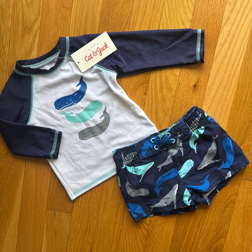 Cat & Jack Infant Boy 2pc Swimsuit NWT Whale Rash Guard & Trunks Set